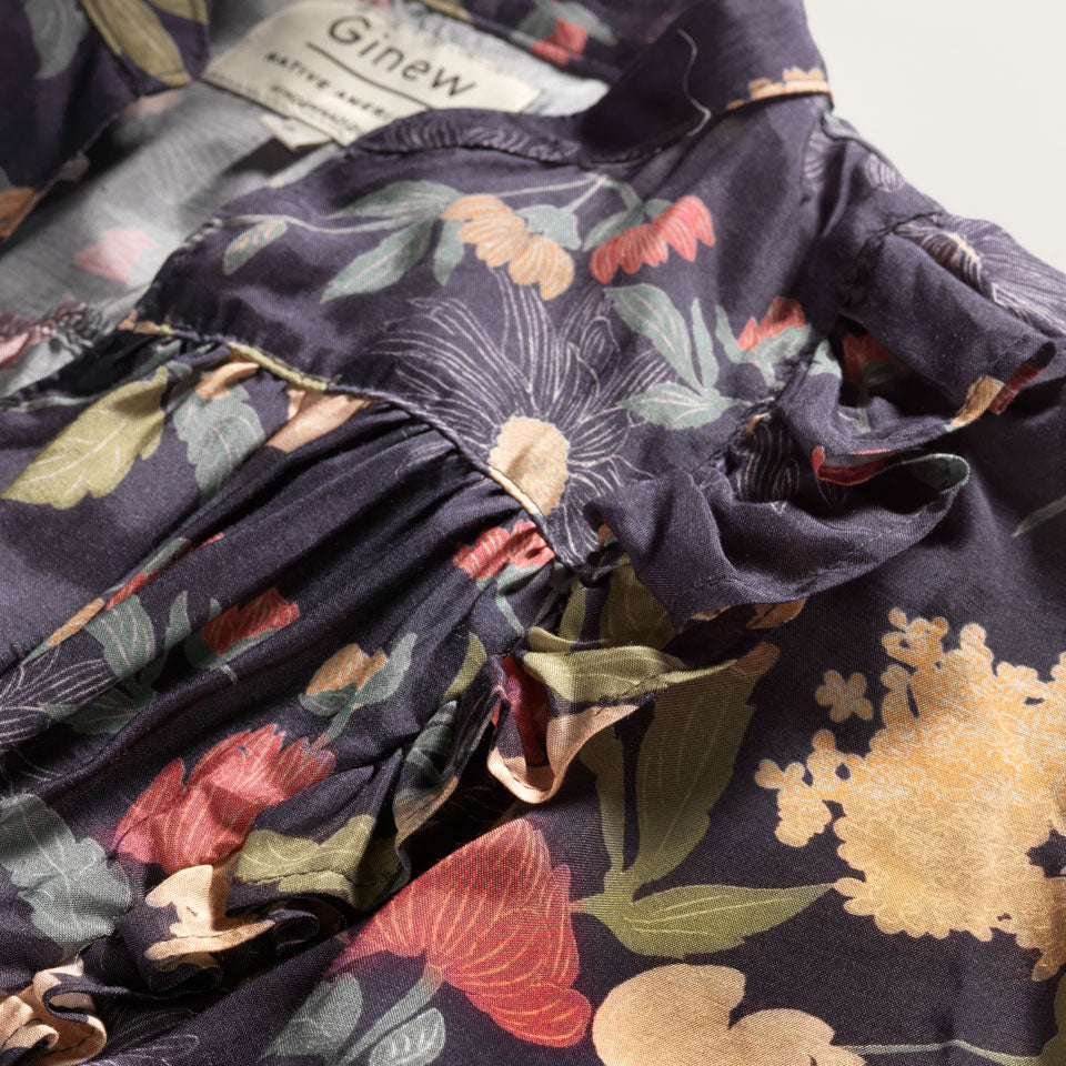 Close up of collar and ruffle yoke on Raw silk dress with flower print and ruffles.