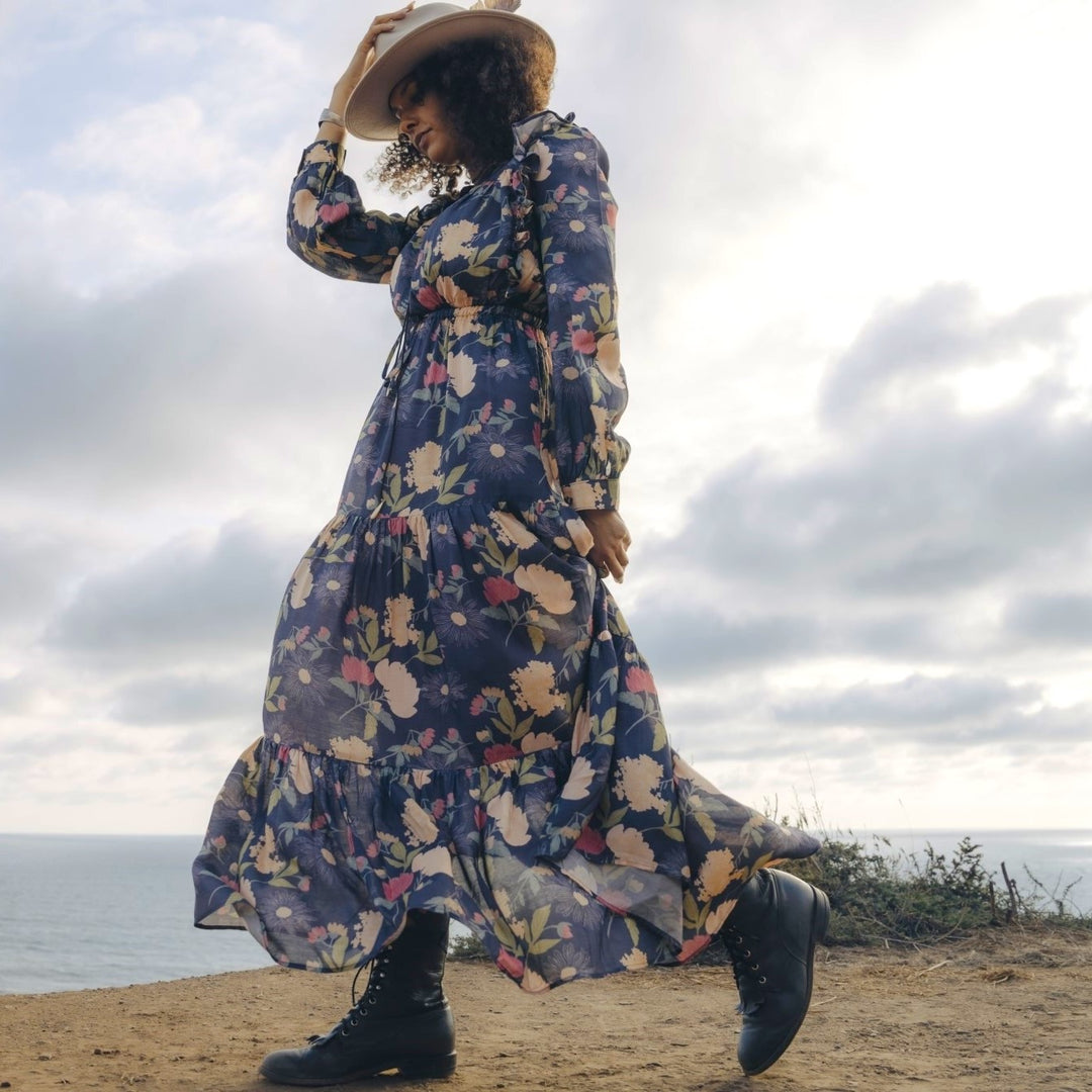 Raw silk flower dress on woman at coast