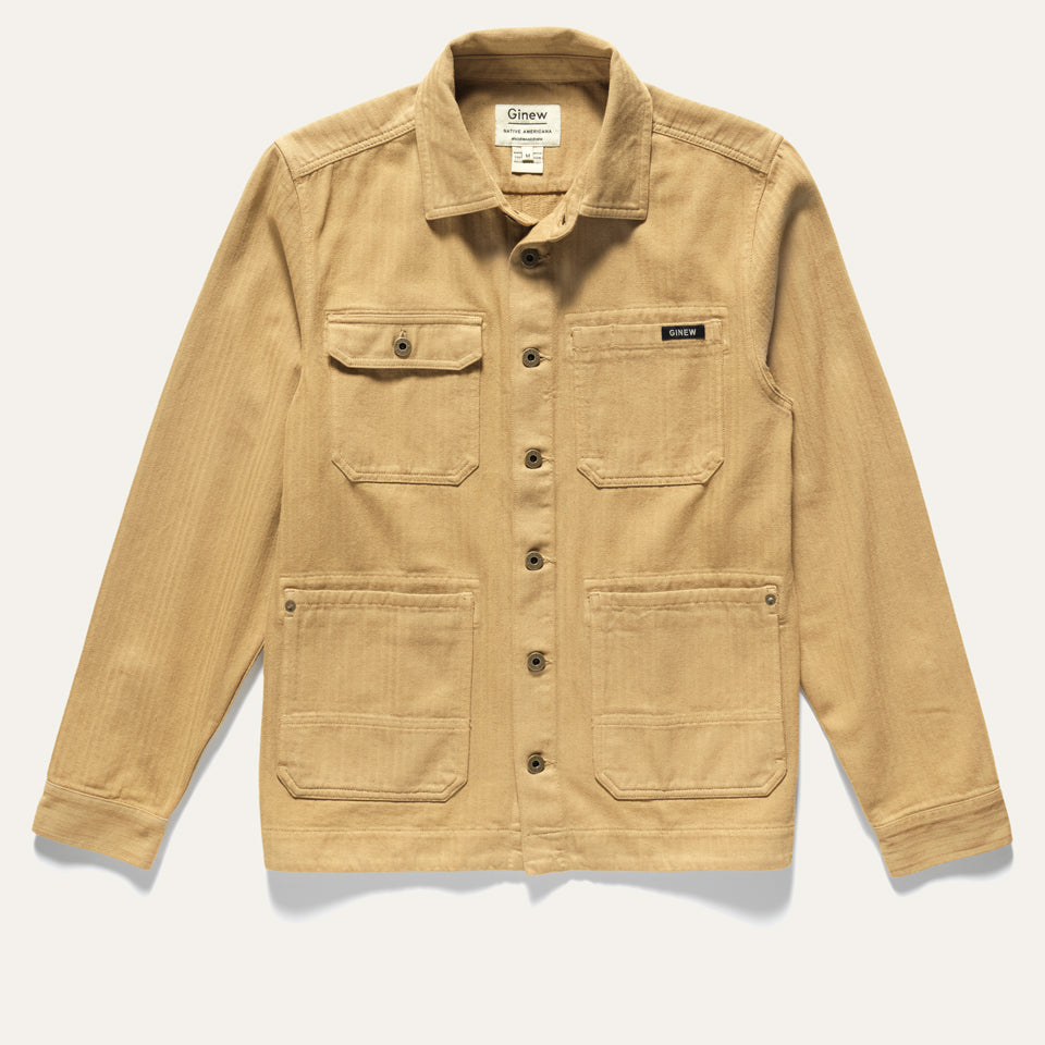 Tan saddle color cotton barn jacket male and female all gender with four pockets by Ginew