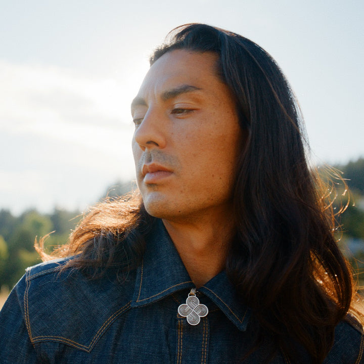 Native American in all cotton western shirt and sterling silver necklace by Ginew