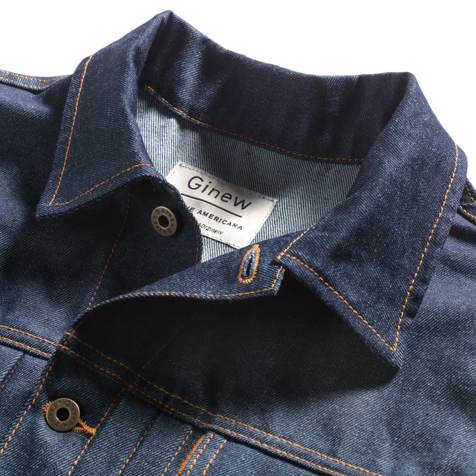 Close up of collar on Deadstock denim jacket Niizhoo from Ginew front view