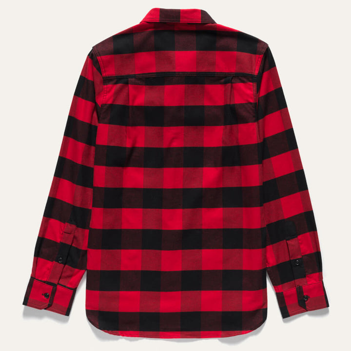 Back of made in USA buffalo plaid button down shirt