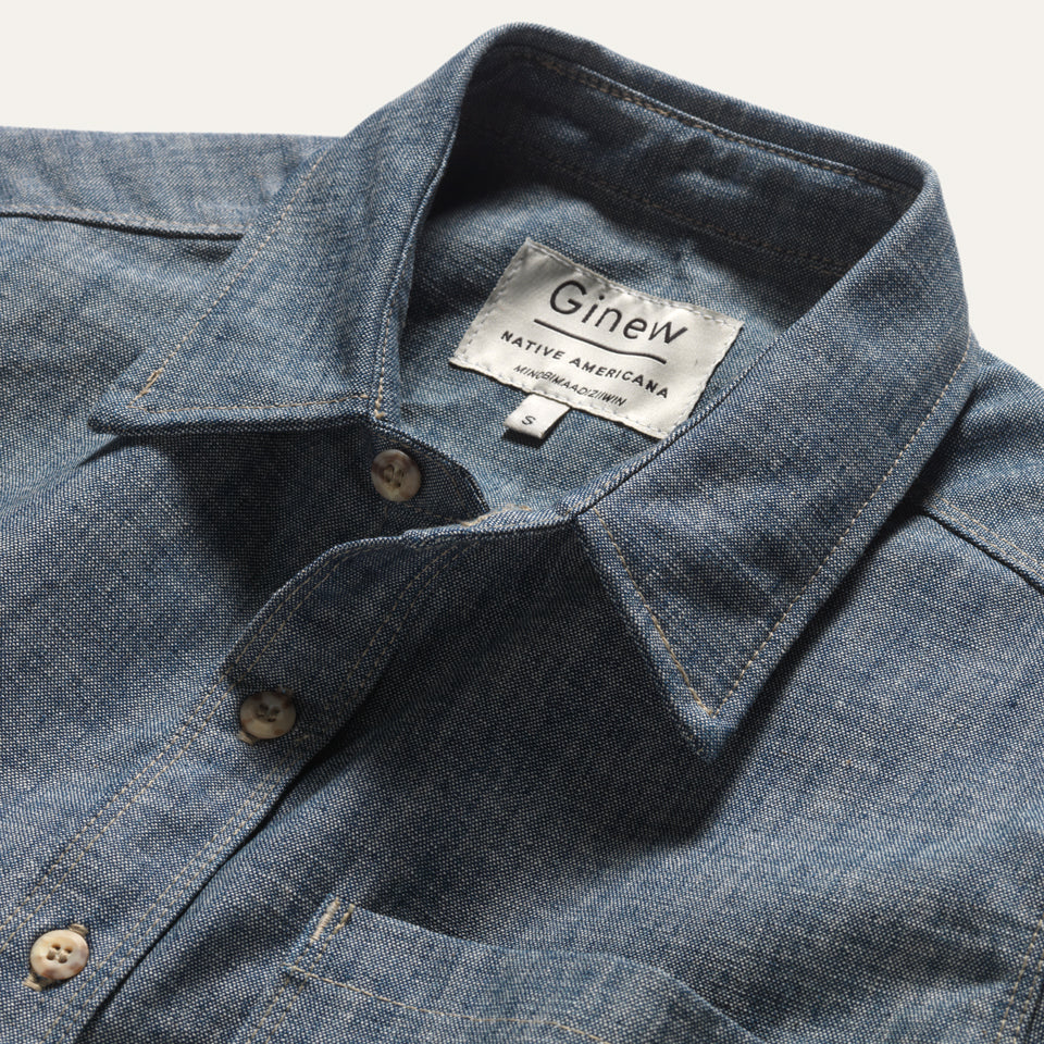 Collar of All cotton chambray button down with Ginew tag