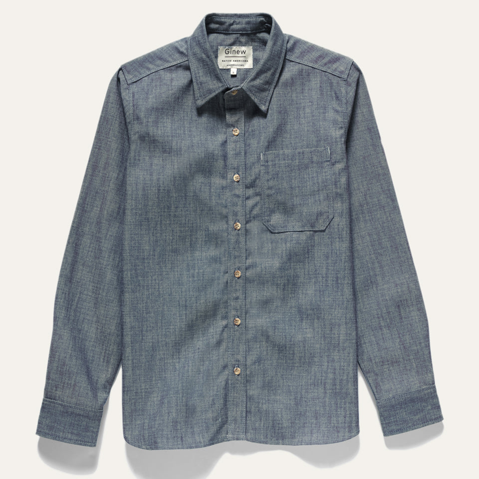 Front of All cotton chambray button down with Ginew tag