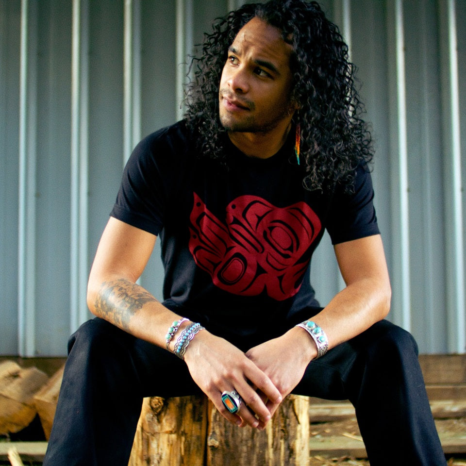 Raven t-shirt by Ginew in red and black on male model