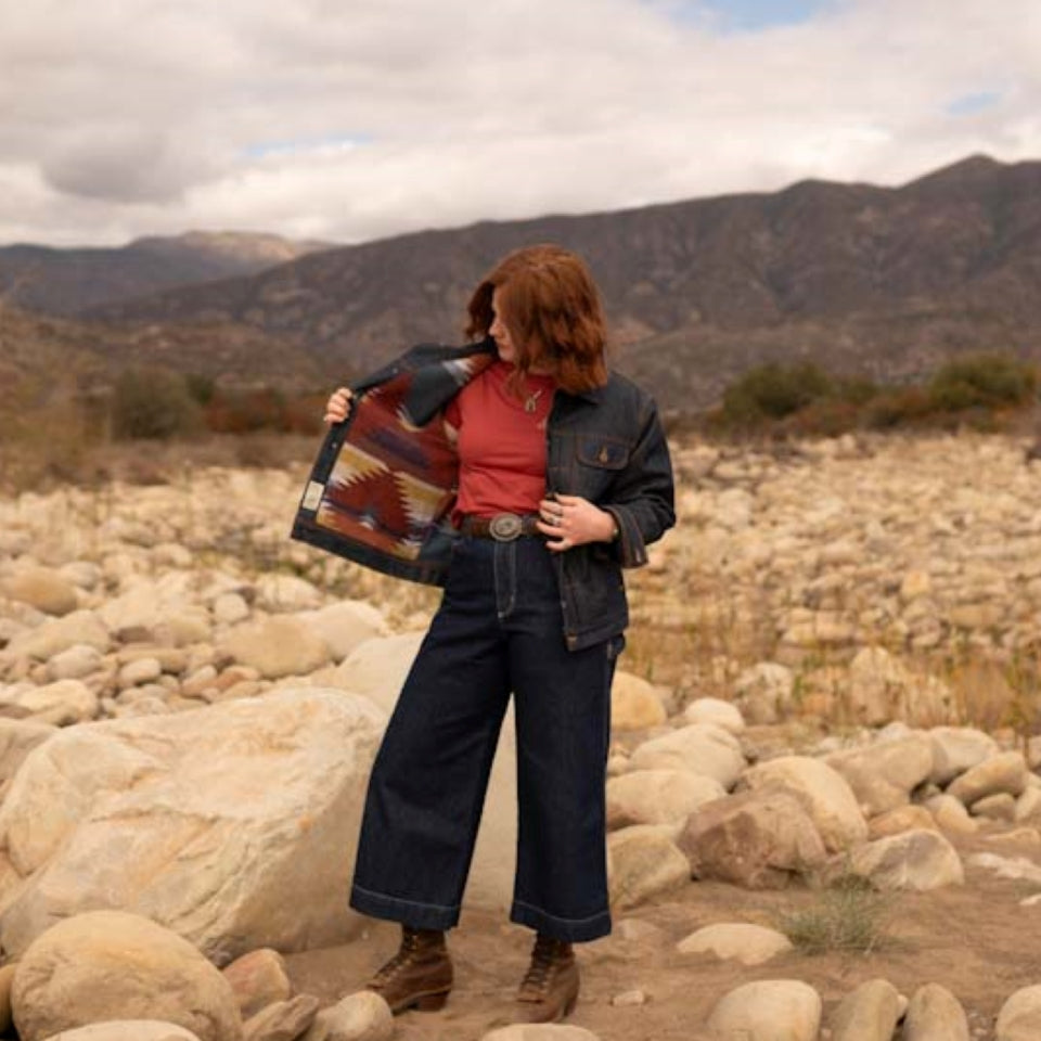 Women with lined denim coat by Indigenous Native American Ginew