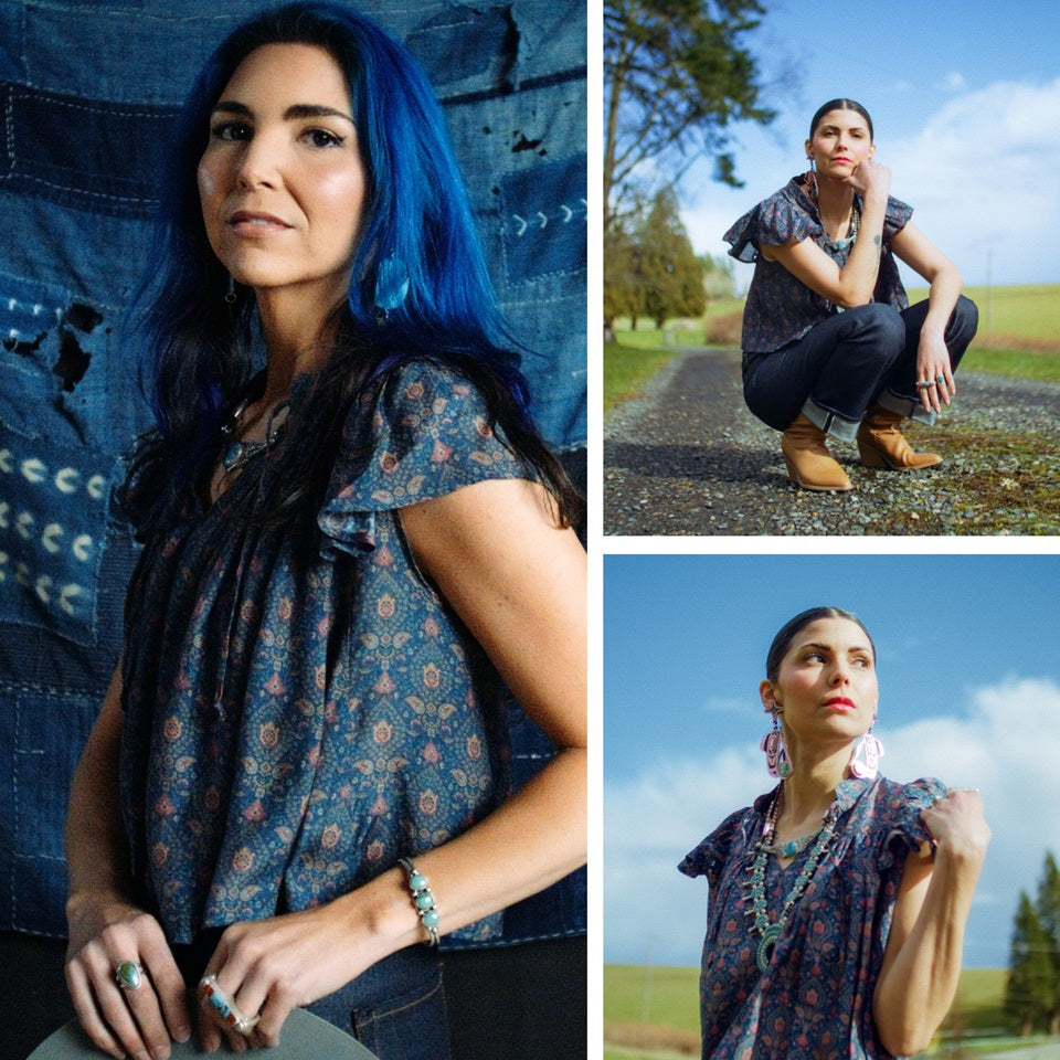 Native American models wearing made in USA paisley short sleeve top in blue
