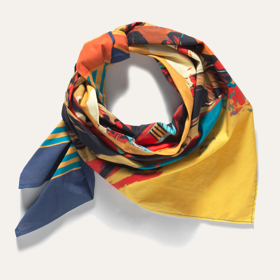 Ginew + Steven Paul Judd colorful Sitting Bull bandana in a stylized form.