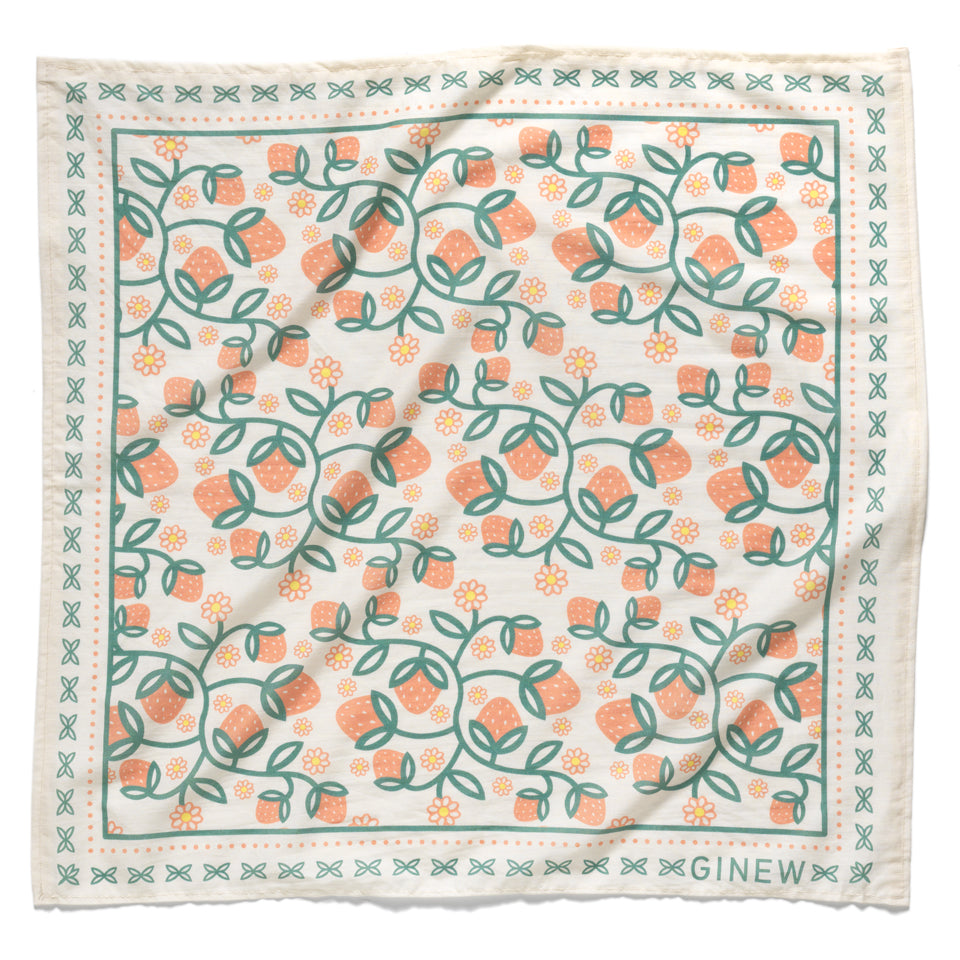 Oneida strawberry bandana  in soft peach orange and green on cream cotton fabric