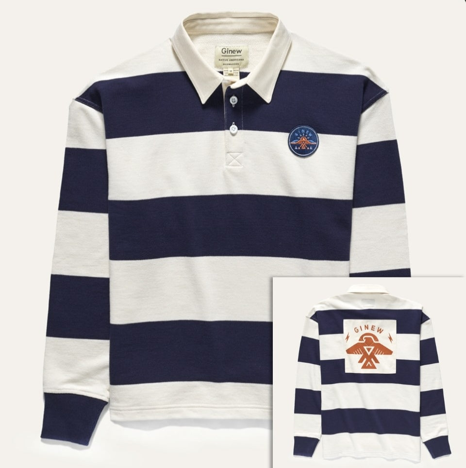 Front and back of navy and cream rugby with Native American Ojibwe Thunderbird on back