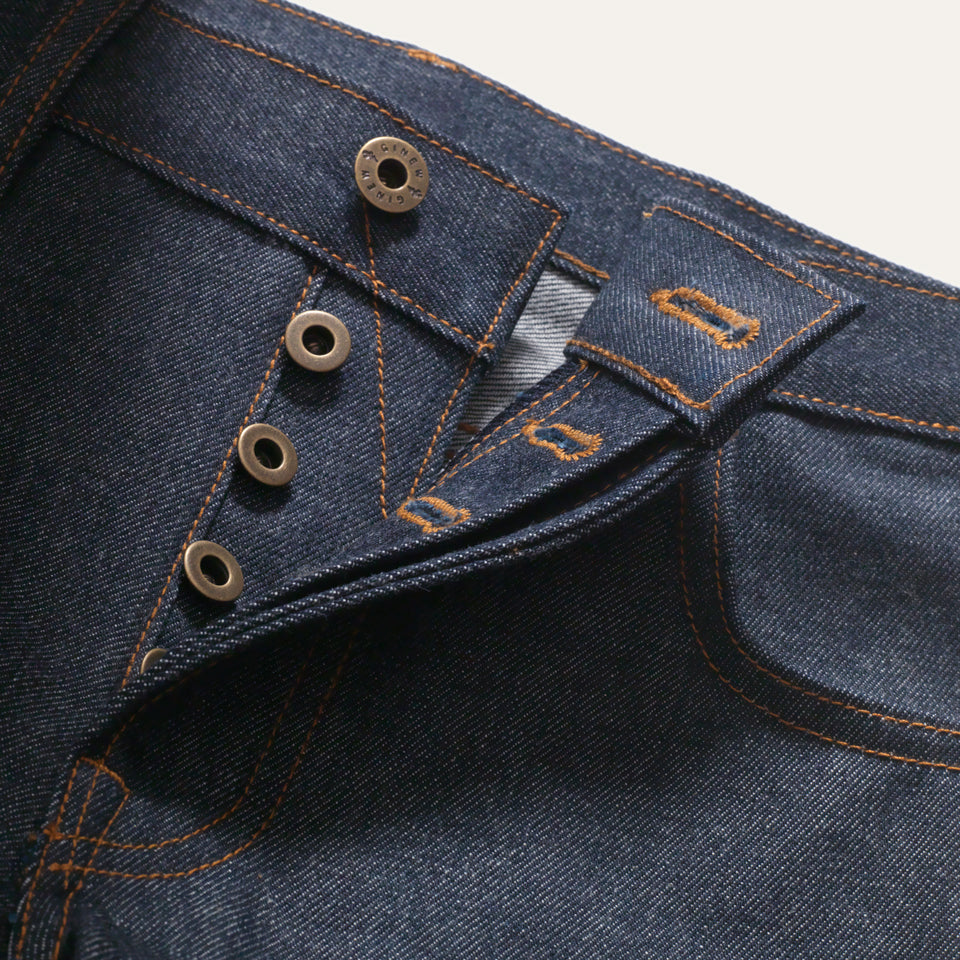 Detail view of five button fly on West Fork Selvedge Denim Jean made in USA by Ginew.