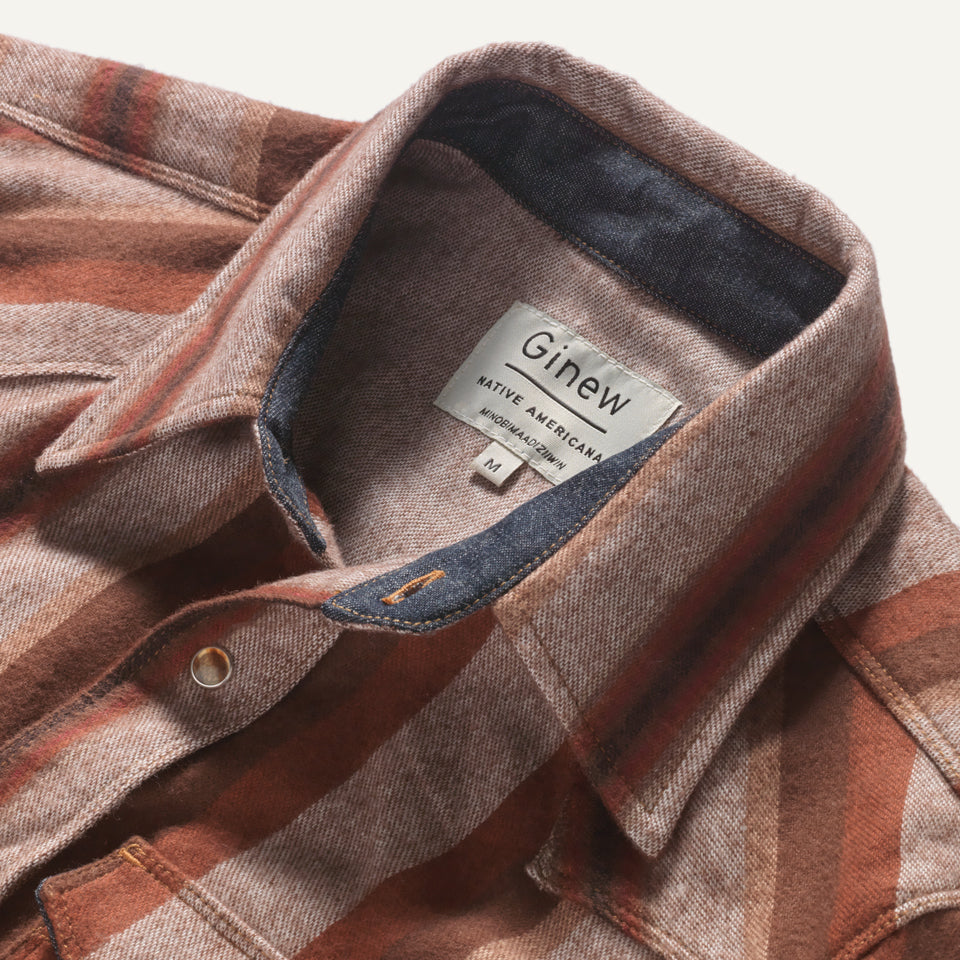 Close up of collar on brown stripe all cotton flannel shirt
