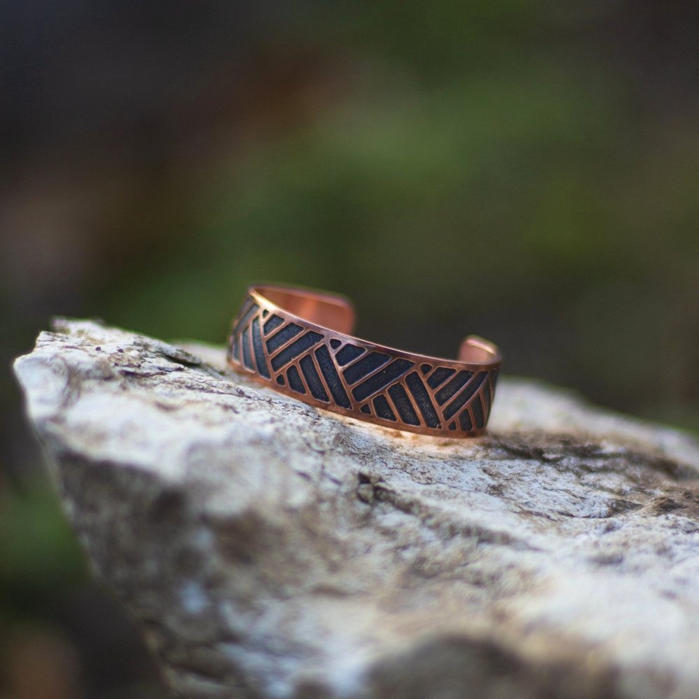 Solid copper Native American made bracelet in woven basket weave pattern