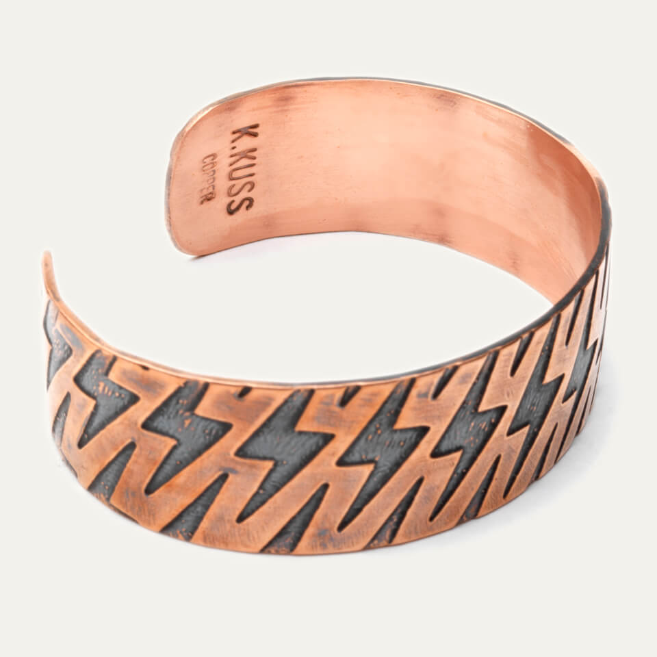 Inside of Handmade copper bracelet made in USA with lightning bolt design 
