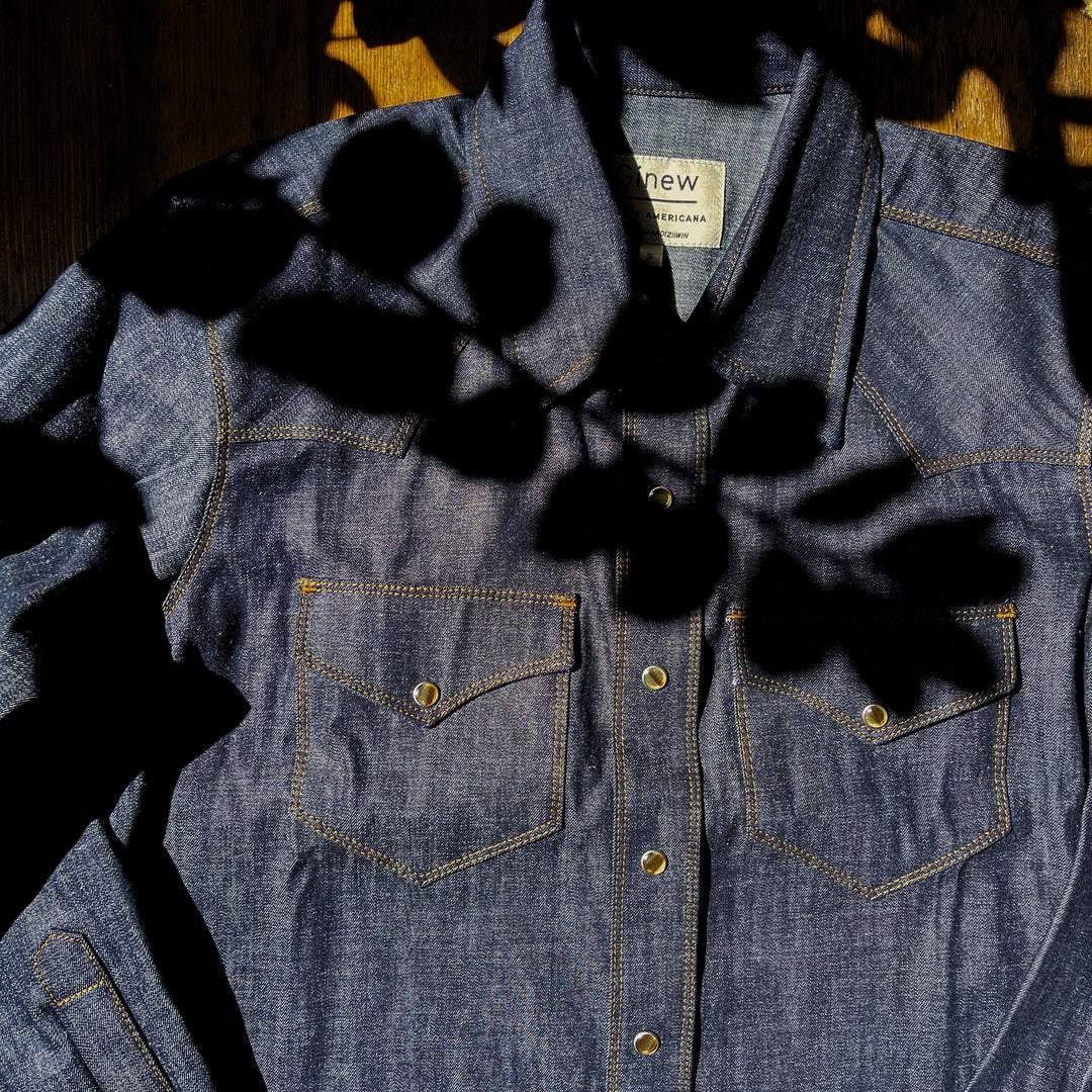 Close up of All cotton chambray shirt made by Native American Ginew 