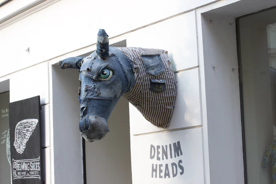 Denim horse head at the store front of Denim Heads in Prague
