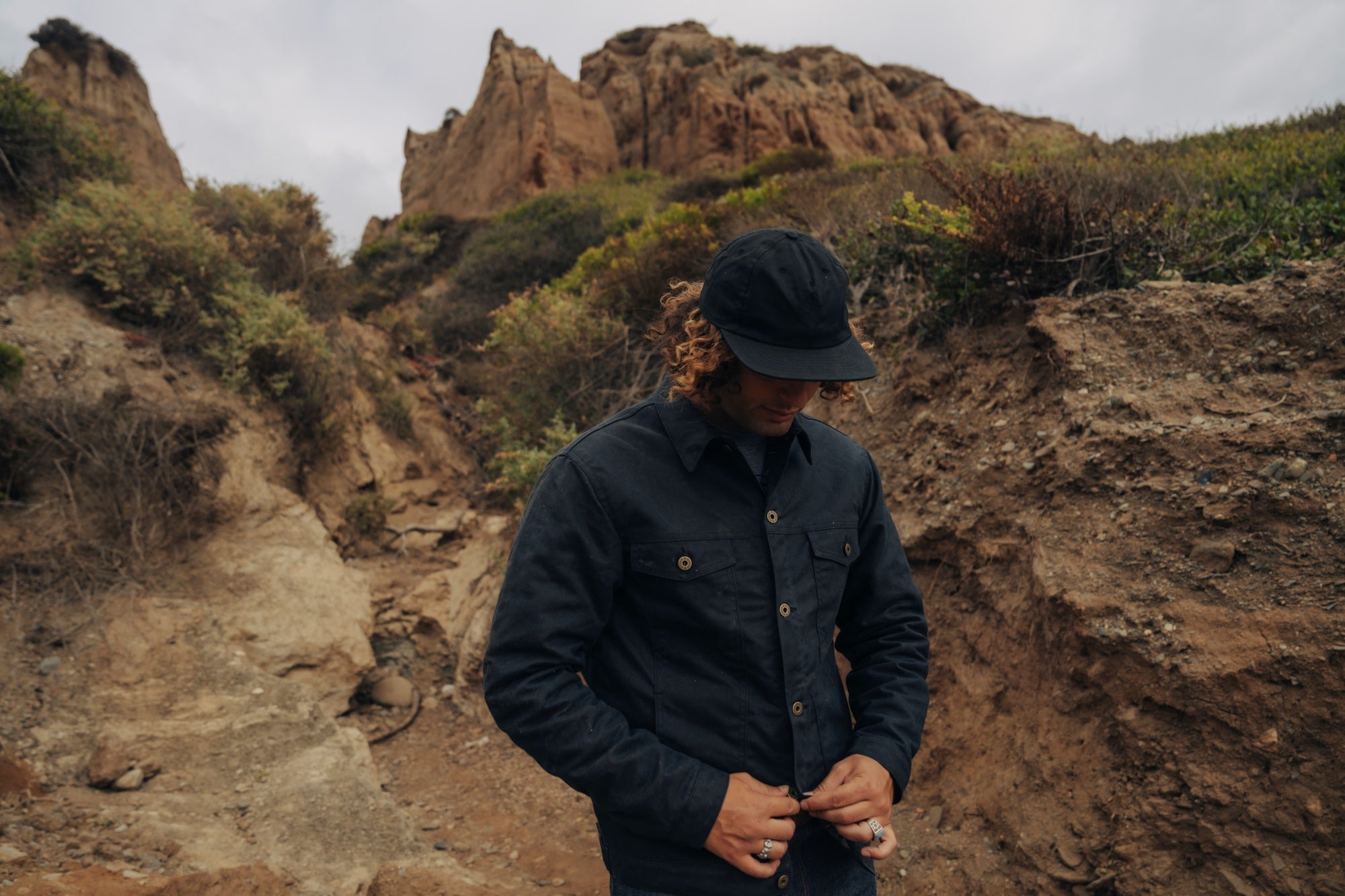 Wax Canvas Ginew Outerwear and Hat on man in canyon 