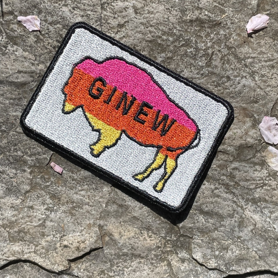 Indigenous Native American Buffalo Patch with metallic background and pink, orange, yellow buffalo 