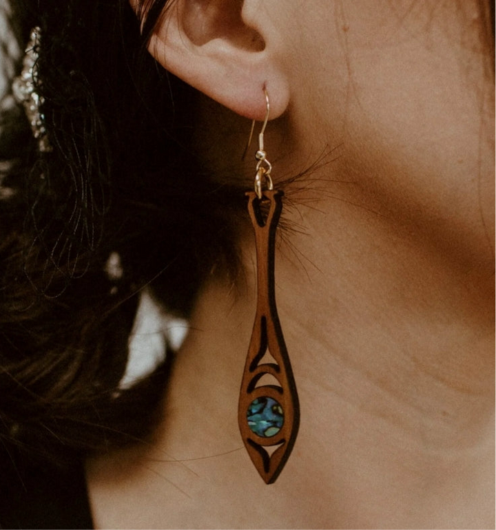 Copper Canoe Woman Paddle Song Cedar Earrings