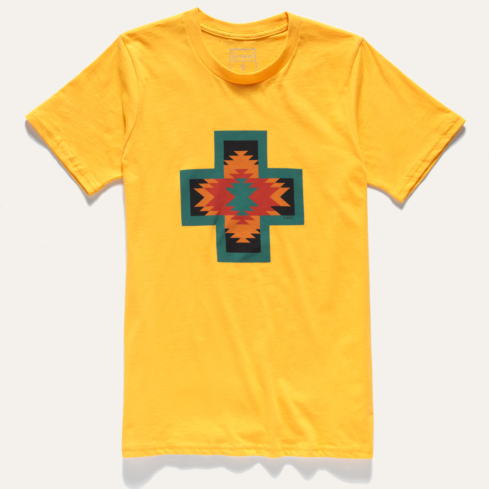 Yellow, teal, orange red all cotton t-shirt front view. Made in USA by Ginew Native American owned