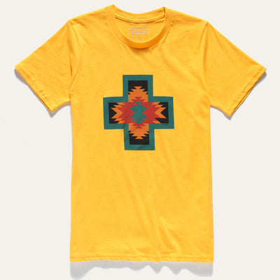 Yellow, teal, orange red all cotton t-shirt front view