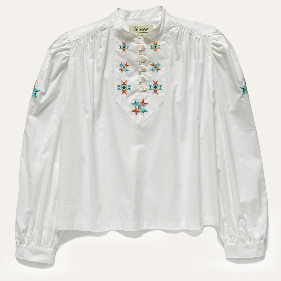 Women’s longsleeve White peasant style shirt with Native American embroidery 