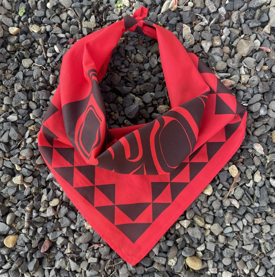 Cowboy tied Native American designed Raven bandana in cotton and made in USA by Ginew 