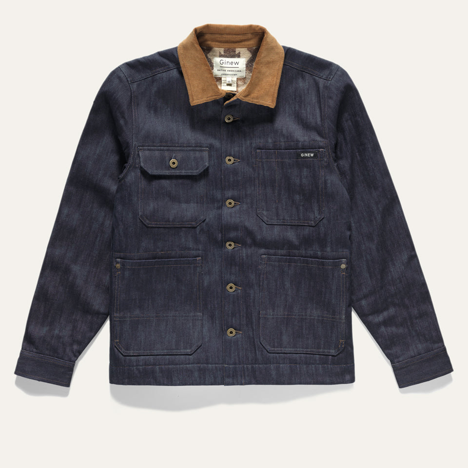 Front of Denim Wool lined chore barn coat with corduroy collar with Native American Ginew tag 