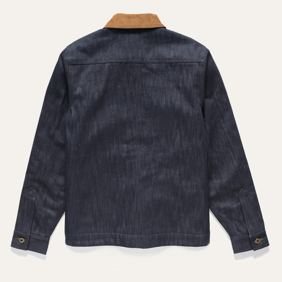 Back of Denim Wool lined chore barn coat with corduroy collar with Native American Ginew tag 