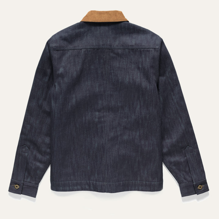 Back of Denim Wool lined chore barn coat with corduroy collar with Native American Ginew tag 