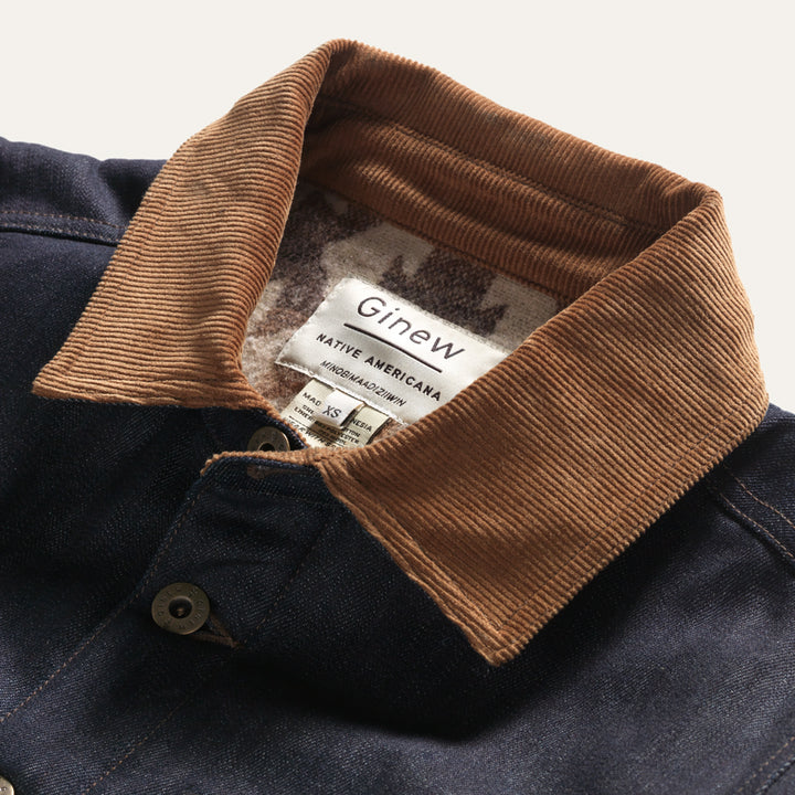 Collar close up of Denim Wool lined chore barn coat with corduroy collar with Native American Ginew tag 