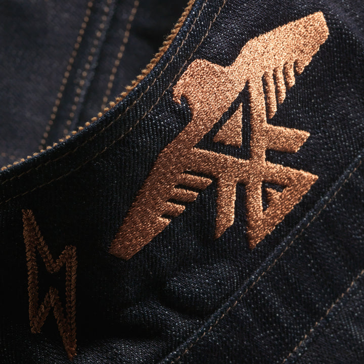 Thunderbird embroidery on Denim Wool lined chore barn coat with corduroy collar with Native American Ginew tag 