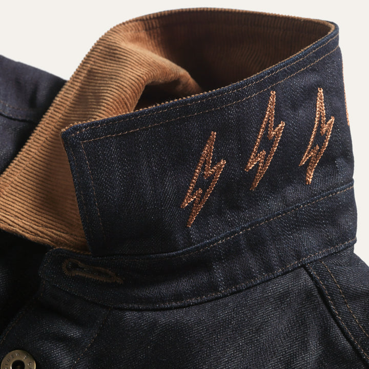 Embroidery on Denim Wool lined chore barn coat with corduroy collar with Native American Ginew tag 