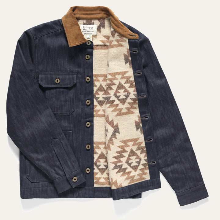Denim Wool lined chore barn coat with corduroy collar with Native American Ginew tag 
