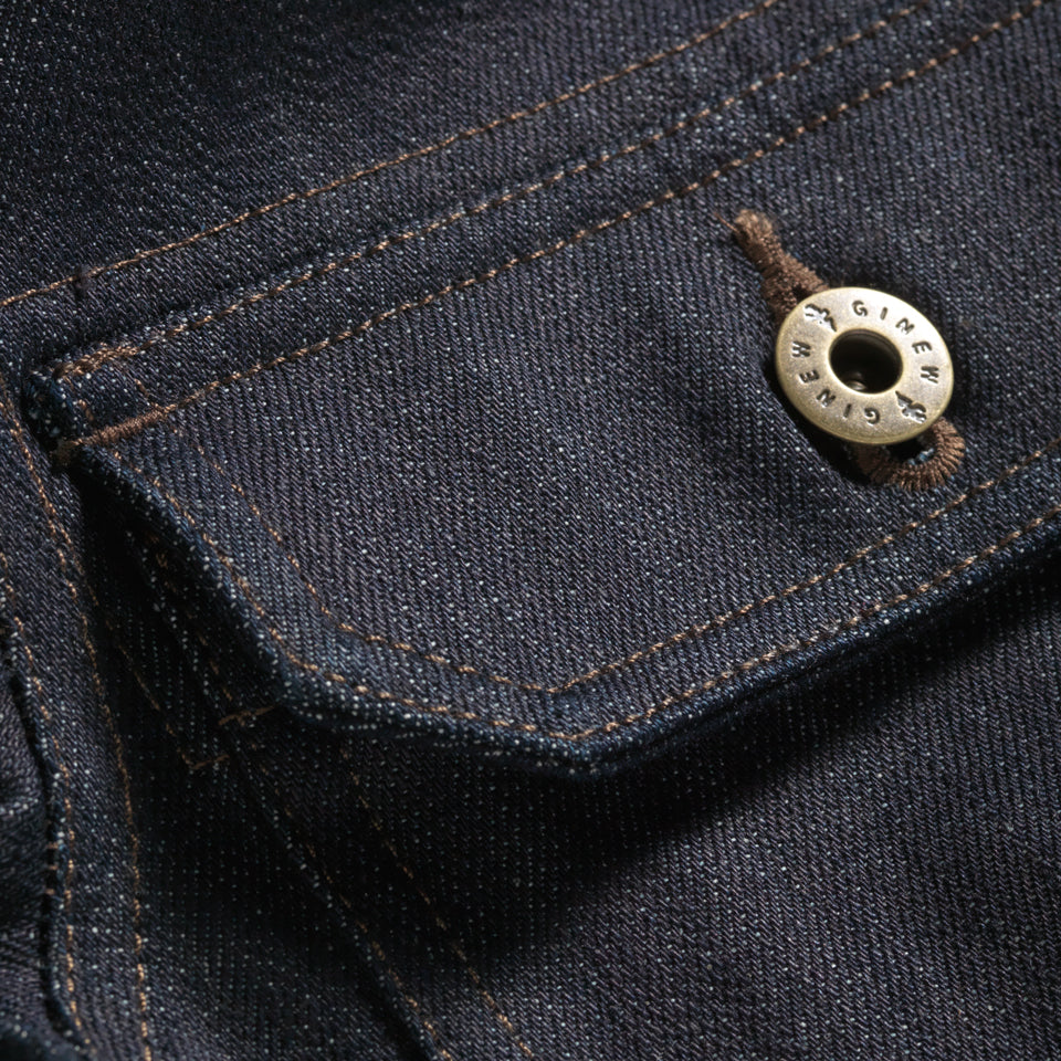 Brass hardware on Denim Wool lined chore barn coat with corduroy collar with Native American Ginew tag 