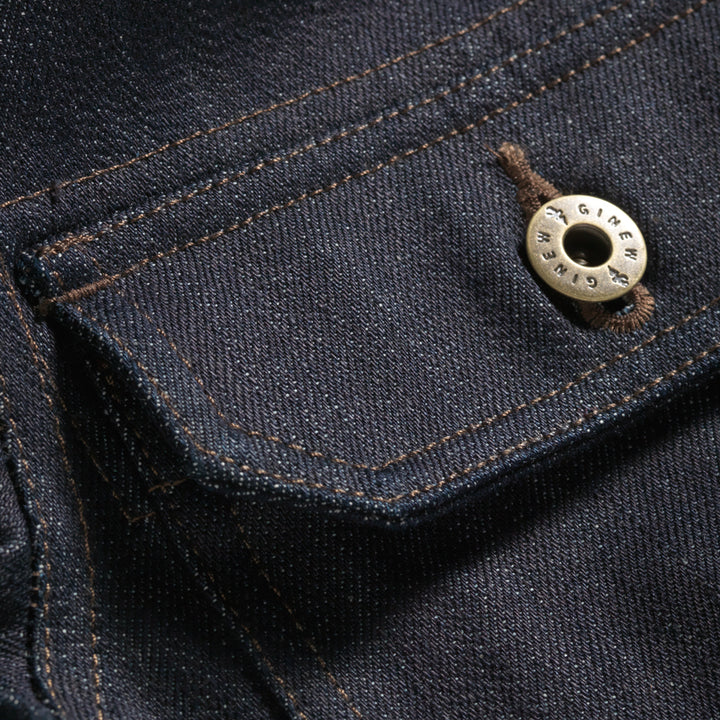Brass hardware on Denim Wool lined chore barn coat with corduroy collar with Native American Ginew tag 