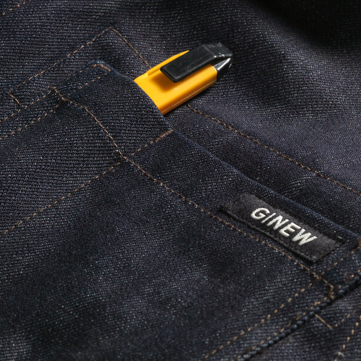 Utility pocket on Denim Wool lined chore barn coat with corduroy collar with Native American Ginew tag 