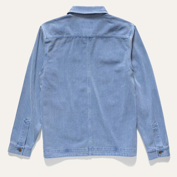 Back of Indigo blue cotton barn jacket male and female all gender with four pockets