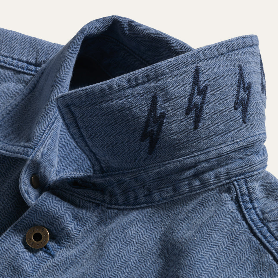 Collar embroidery of lightning on Indigo blue cotton barn jacket for male and female all gender with four pockets