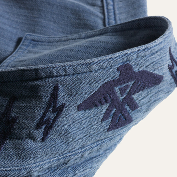 Native American Thunderbird embroidery on Indigo blue cotton barn jacket mens and womens all gender with four pockets