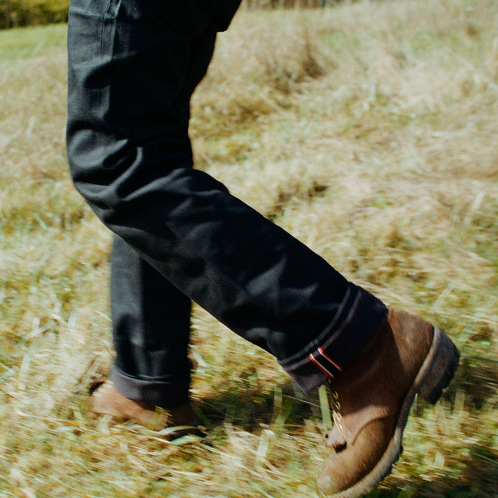 Men's Black selvedge denim jeans made in USA in field