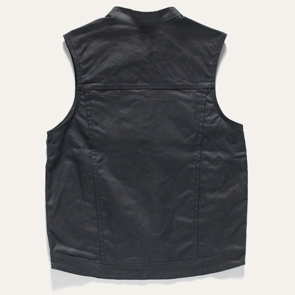 Back of Made in USA black wax canvas vest by Native American Ginew