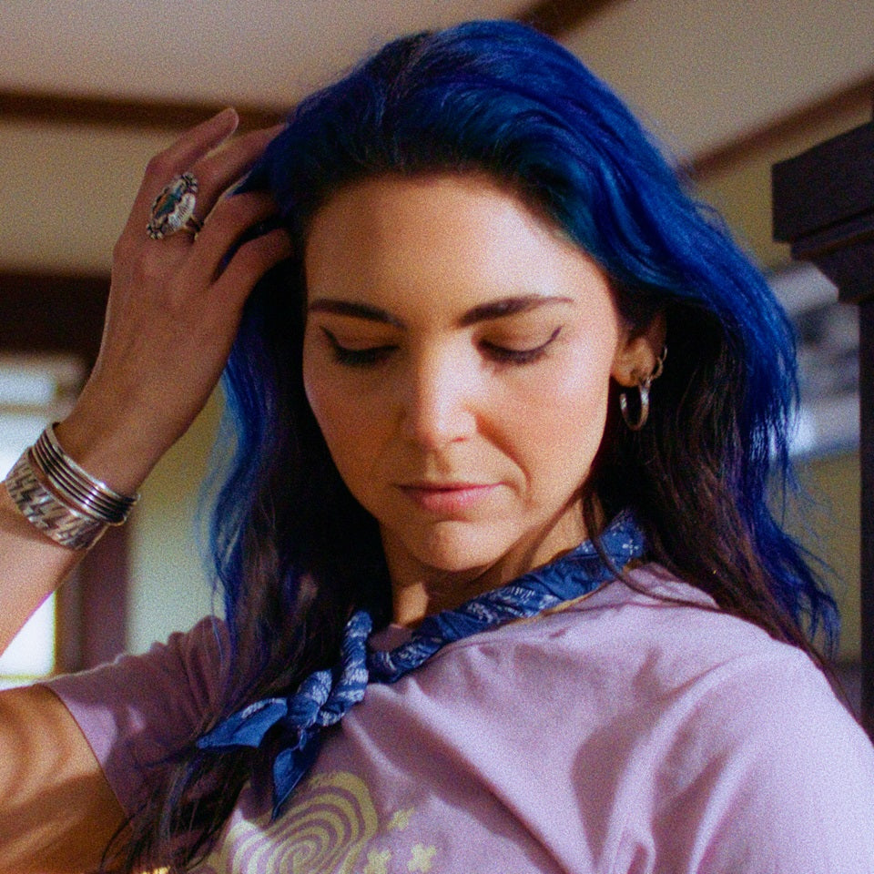 Blue and white bandana on Native American female model in lilac and white t-shirt