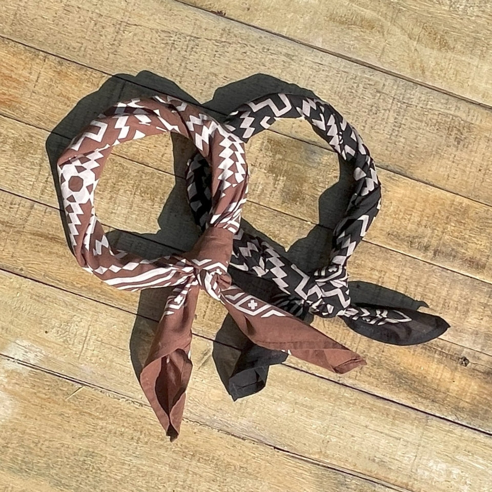 Rolled Native American Indigenous Artist designed cotton bandana in brown and natural white and black and natural white 