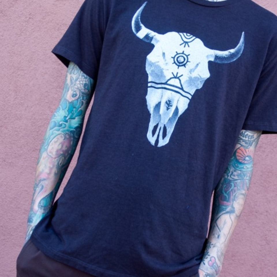 Indigenous Native American Cotton Buffalo Bison Skull tee in Black and off white by Ginew