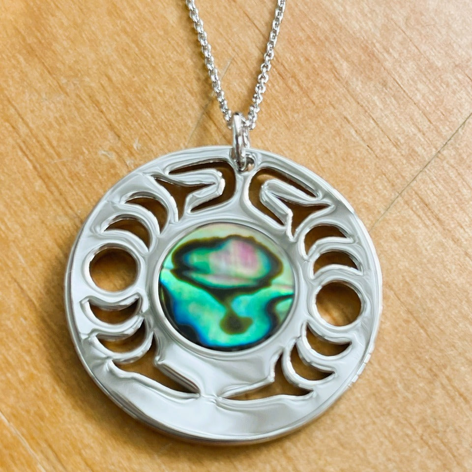 Native American made platinum coated  necklace and abalone from Ginew and Copper Canoe Woman