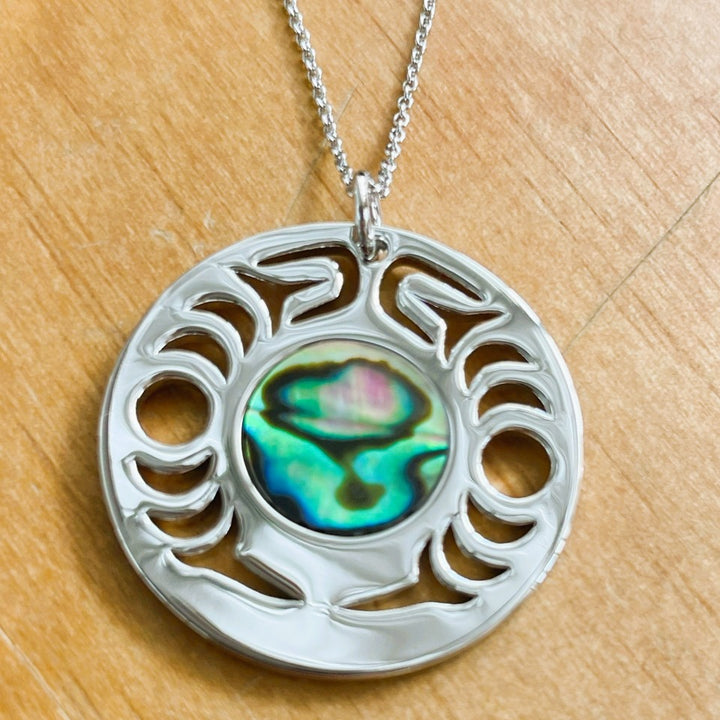 Native American made platinum coated  necklace and abalone from Ginew and Copper Canoe Woman