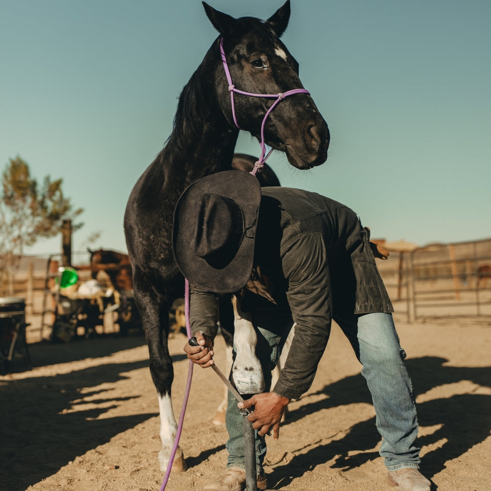 Green Wax canvas rider jacket on man with horse 