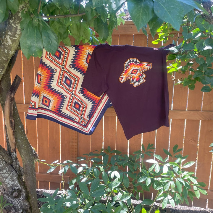Native American Thunderbird tshirt and scarf wild rag in western Indigenous design of orange and blue and cream