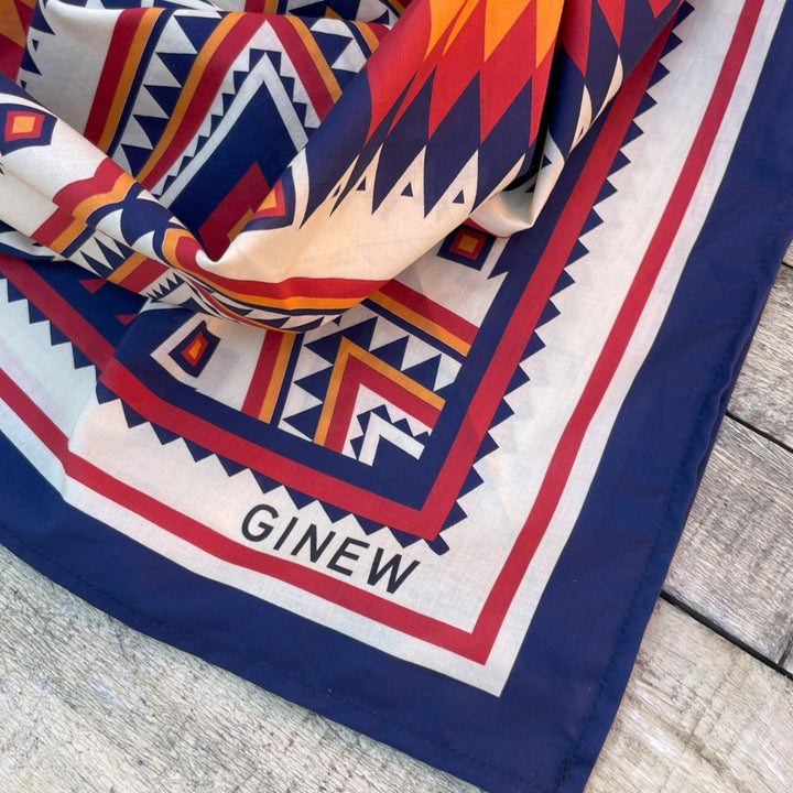 Ginew's Blue, orange, create yellow wild rag made of cotton with close up of corner